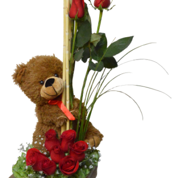 Oso de peluche con rosas y bambú