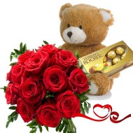 Peluche con bouquet de rosas y chocolates