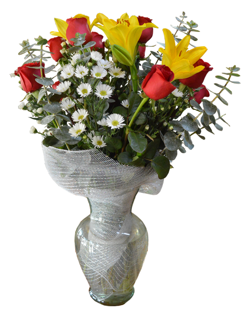 Florero de rosas en malla