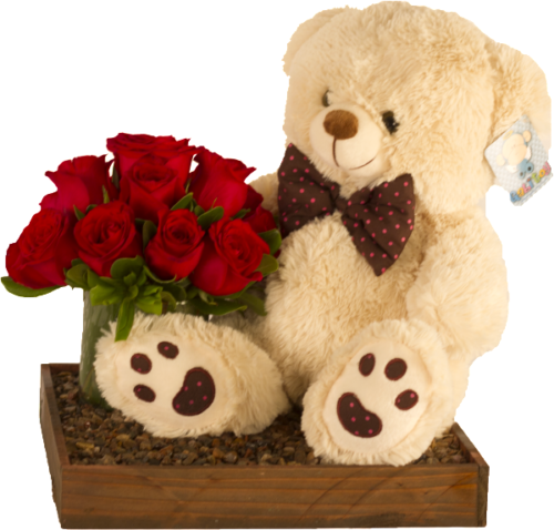 Cilindro de rosas y oso de peluche