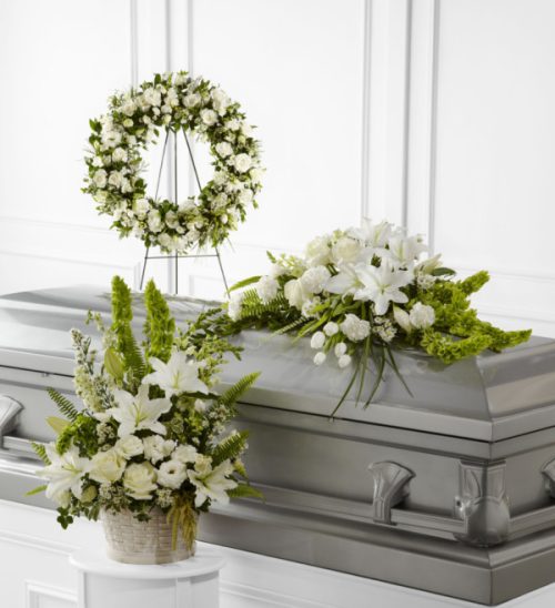 Paquete de funeral: corona de aro, ramo y cubre caja