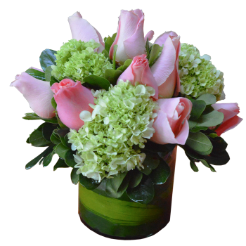 Cilindro de rosas y hortensias