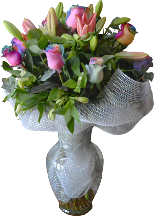Florero con rosas arcoíris