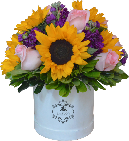 Cilindro de girasoles y rosas