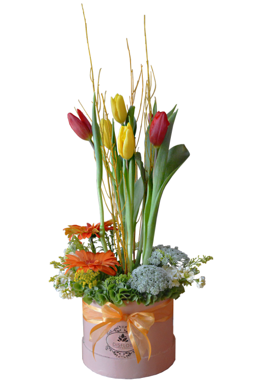 Cilindro de tulipanes y gerberas